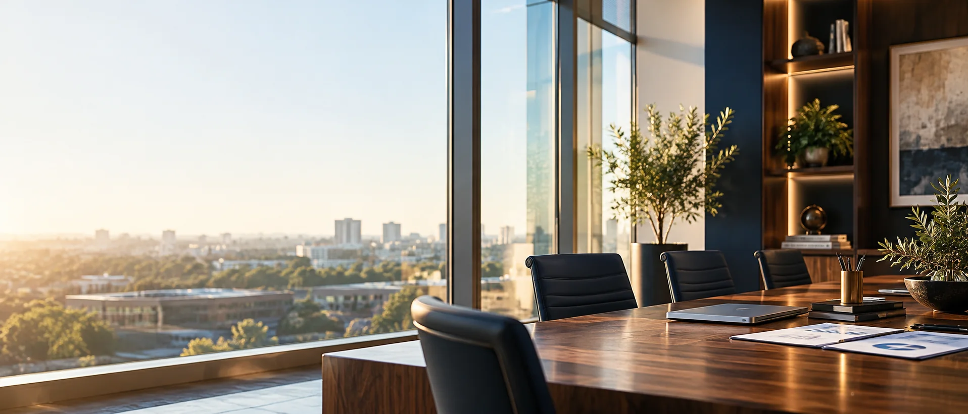 Modern, sunlit executive meeting room representing forward-looking financial advisory
